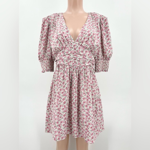 Lush Dresses & Skirts - Lush Pink Floral Cottagecore Puff Sleeve V-Neck A-Line Dress Size Large
